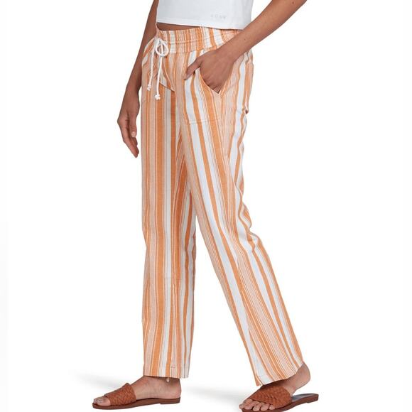 NWT Roxy Oceanside Flare Leg Pants Linen Blend Striped Pockets Juniors Large - Picture 3 of 4
